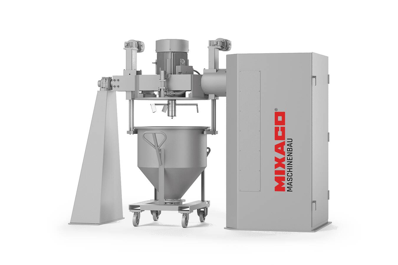 Container mixer CM i4; new generation mixers from Mixaco  Its innovative design, with a flat mixing head, and its cutting-edge software help the CM i4 achieve excellent mixing quality and flexibility with very little cleaning effort required.