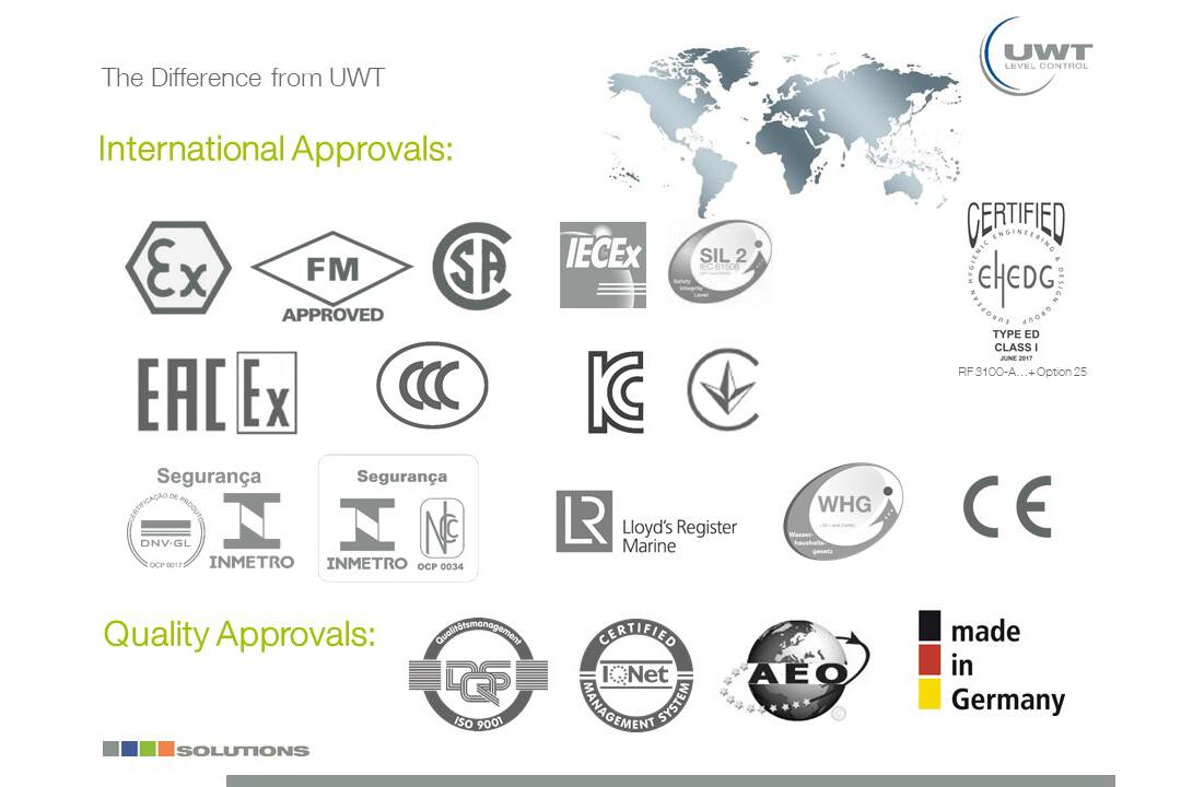 Internationale Zulassung der UWT - Produkte -ob ATEX, ISO 9001, oder andere wichtige Zulassungen
UWT kann einiges bieten