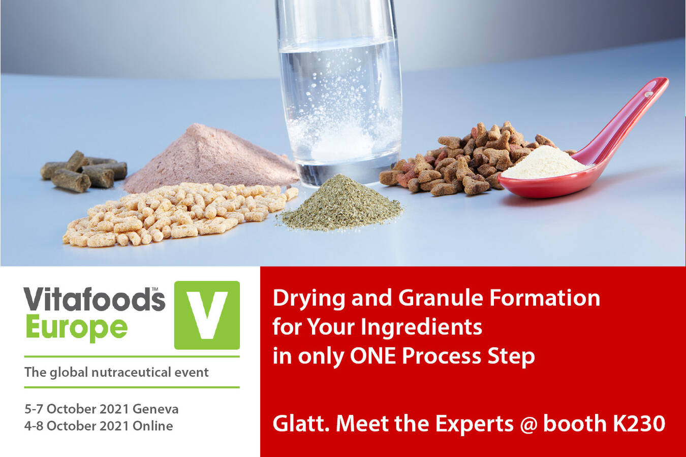 Treffen Sie die Glatt Experten auf der Vitafoods in Genf vom 5. bis 7. Oktober 2021 am Stand K230