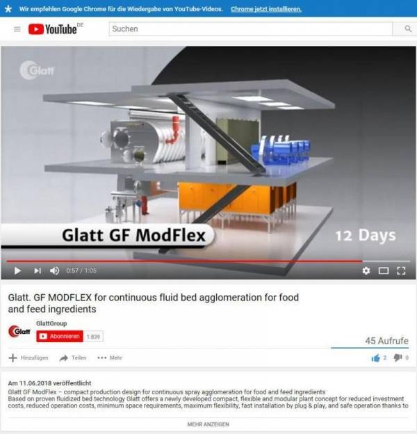 Glatt GF ModFlex  - neu entwickeltes, kompaktes Anlagenlagen für kontinuierliche Sprüh-Agglomeration in der Wirbelschicht für Lebensmittel-Additive